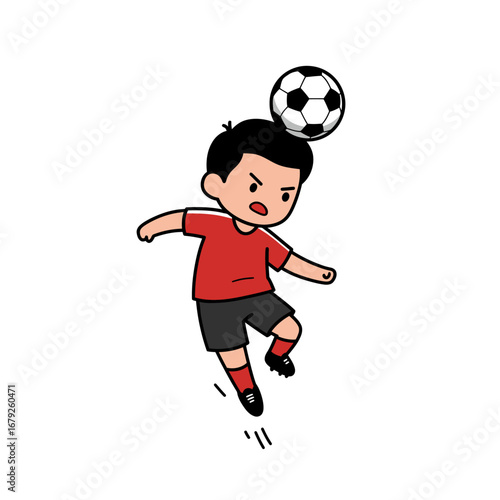 A determined young boy in a red jersey and black shorts powerfully heads a soccer ball during a game.