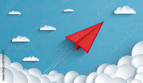 Fototapeta Naklejka Na Ścianę i Meble -  Red paper airplane soaring above fluffy clouds