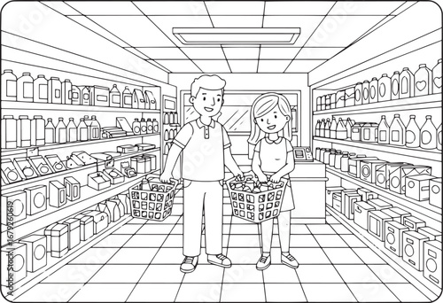 Charming line art depicting couple enjoying grocery shopping tog