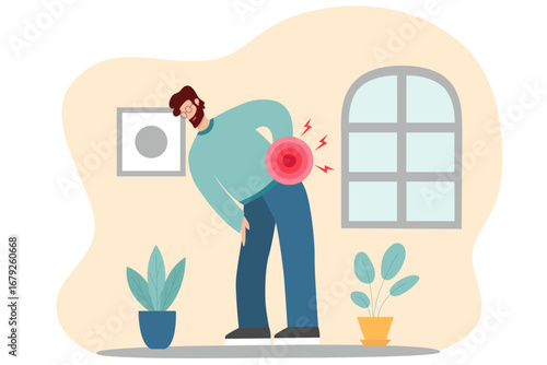 Man holding hand on lumbar spine, lower back pain.