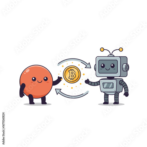 Friendly robot and orb exchanging a Bitcoin cryptocurrency.
