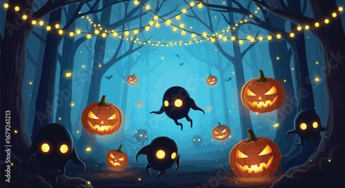 Spooky halloween night scene with pumpkins and ghosts in a dark forest