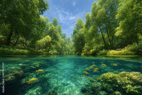 Crystal Clear River Ecosystem with Golden Fish Underwater Forest Landscape