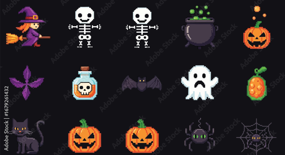 Fototapeta premium Pixel art halloween icons including witch skeleton pumpkin and more