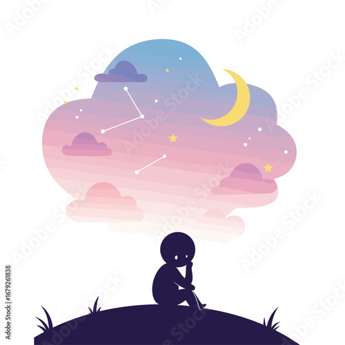 A solitary silhouette sits on a hill, lost in thought as a dreamy cloud above depicts a starry night sky with a crescent moon.