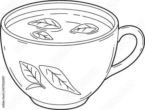 Delicate Line Art Illustration of Green Tea Cup with Floating Le