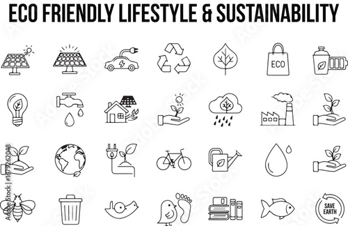 Thin Line Eco Friendly Lifestyle and Sustainability Icon Set – Minimal Stroke Renewable Energy and Green Living Vector Symbols