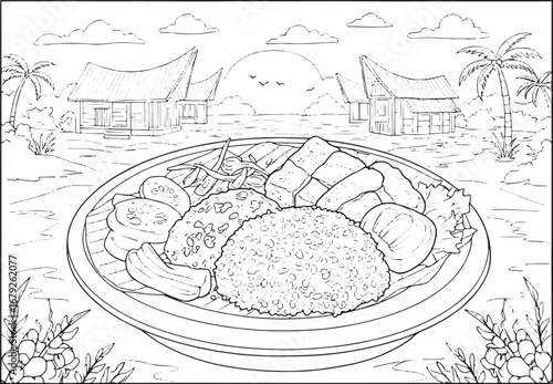 Indonesian Gudeg Illustration with Traditional Houses and Tropic