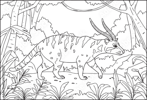 Illustration of an animal with horns in a jungle environment, pe