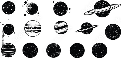 Black and white hand-drawn planets, space objects, Saturn rings, moon crater textures, cosmic celestial illustrations, solar system vector icons