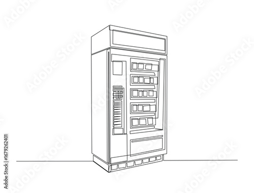Continuous line art drawing of Snack and drink vending machine. Foof veding machine in single line art drawing vector illustration. Editable stroke.