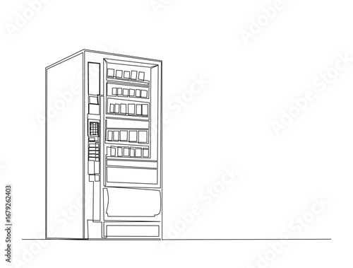 Continuous line art drawing of Snack and drink vending machine. Foof veding machine in single line art drawing vector illustration. Editable stroke.
