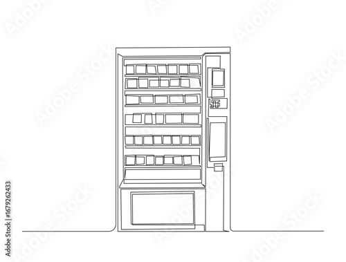 Continuous line art drawing of Snack and drink vending machine. Foof veding machine in single line art drawing vector illustration. Editable stroke.