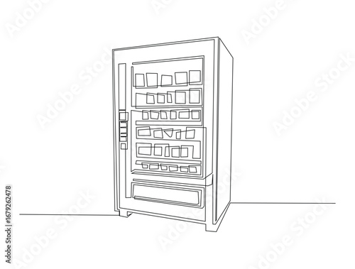Continuous line art drawing of Snack and drink vending machine. Foof veding machine in single line art drawing vector illustration. Editable stroke.