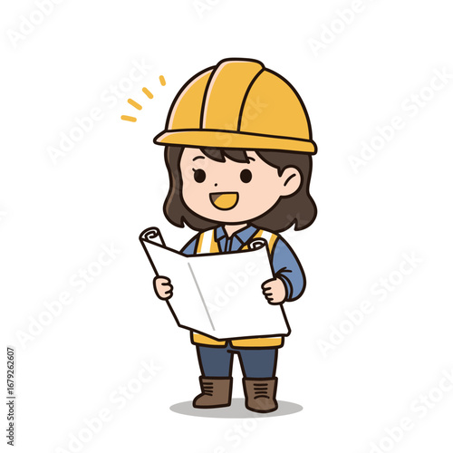 A cheerful cartoon female engineer wearing a hard hat and safety vest, reviewing architectural blueprints with a bright, attentive expression.