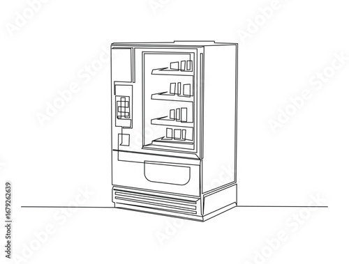 Continuous line art drawing of Snack and drink vending machine. Foof veding machine in single line art drawing vector illustration. Editable stroke.