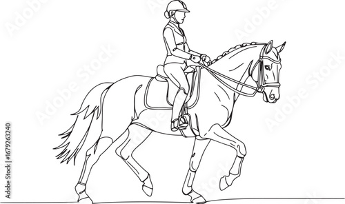 Elegantly poised equestrian dressage horse with rider continuous