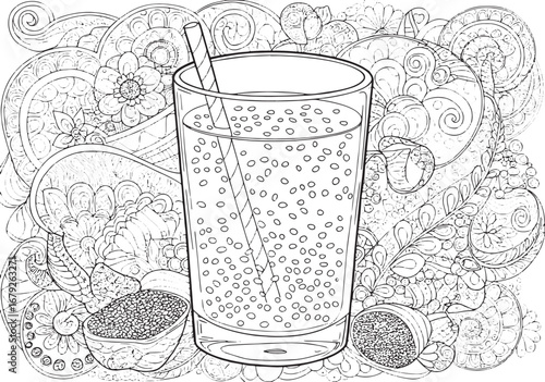 Intricate chia fresca drink line art illustration for creative c