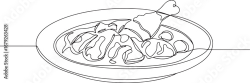 Continuous line drawing of curry chicken dish with rich gravy de