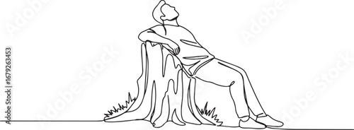 Simple line illustration of a man resting against a tree stump c