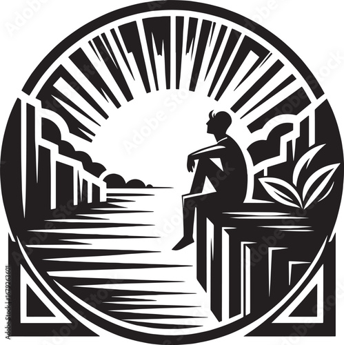 Contemplative Silhouette Gazing at Landscape within Architectural Frame Symbolizing Serenity