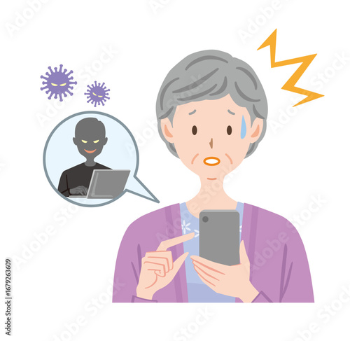 スマホがウィルスに感染して困る高齢者のイラスト　不正ログイン　高齢女性
