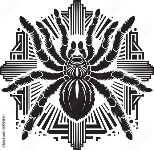 Intricate Black and White Art Deco Illustration of a Tarantula Spider and Geometric Design