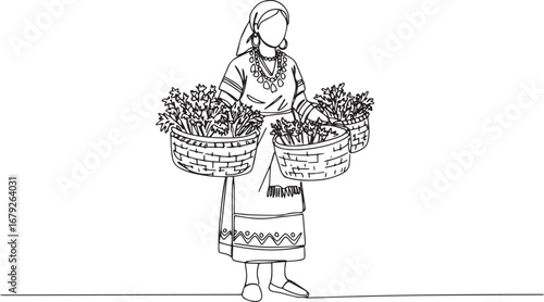 Line art illustration depicting a woman in traditional attire ca