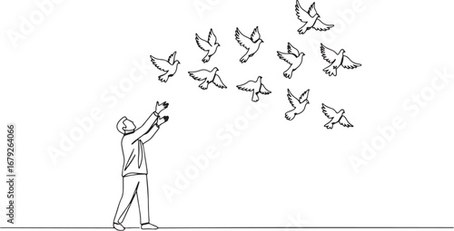 Concept drawing of a man releasing doves symbolizing peace, free