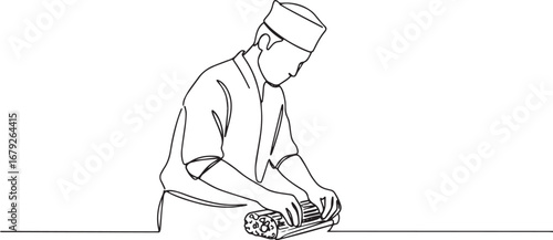 Minimalist line art illustration of a chef rolling sushi with ba