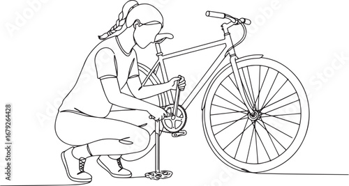 Continuous line drawing of woman repairing bicycle, maintenance