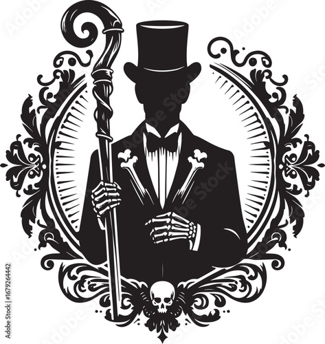 Elegant Silhouette of a Gentleman with Cane and Skeleton Hand in a Decorative Frame