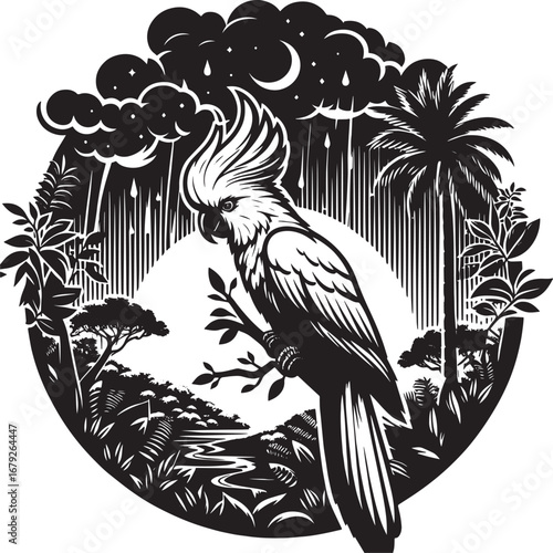 Detailed Black and White Vector Illustration of a Cockatoo Bird in a Tropical Landscape