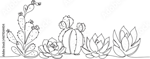 Wallpaper Mural Elegant Continuous Line Drawing of Succulents and Cacti in a Bot Torontodigital.ca