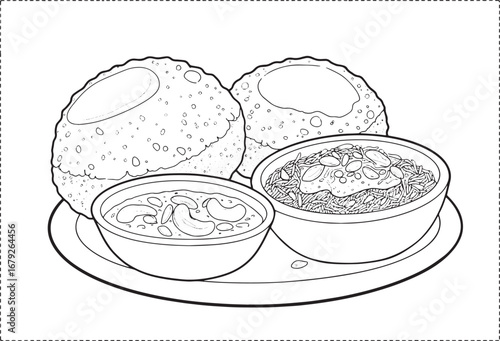 Detailed Monochrome Illustration of Halwa Puri, a South Asian De