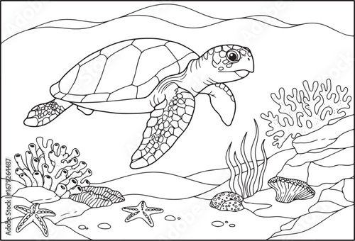 Illustration of a majestic sea turtle gliding in the underwater