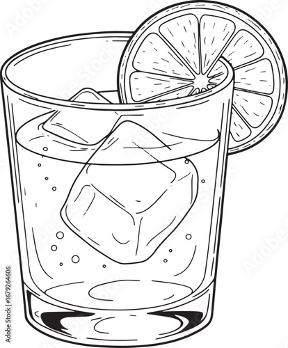 Line art illustration of a whiskey sour cocktail with lemon slic