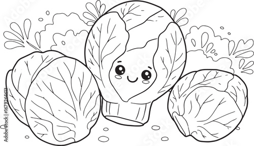 Delightful brussel sprouts vegetable, stylized outline with a cu