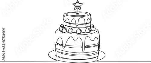 Elegant single line drawing of a festive tiered cake with star t