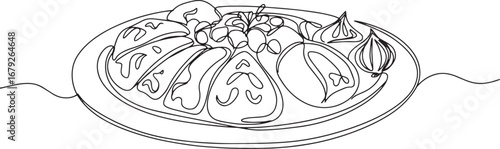 Single line drawing of kazakh beshbarmak, national cuisine platt