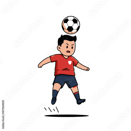 Cartoon illustration of a soccer player heading a soccer ball, depicted in a simple, clean style with bold outlines and vibrant colors.