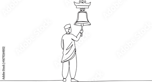 Continuous line illustration of a man ringing a temple bell with