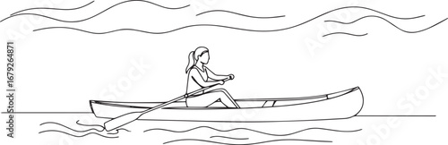 Minimalist outline illustration of a woman rowing a boat on calm