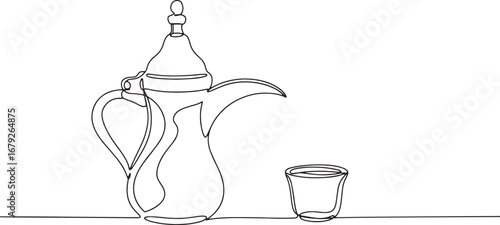 Minimalist one line drawing of Arabic coffee pot and cup for des