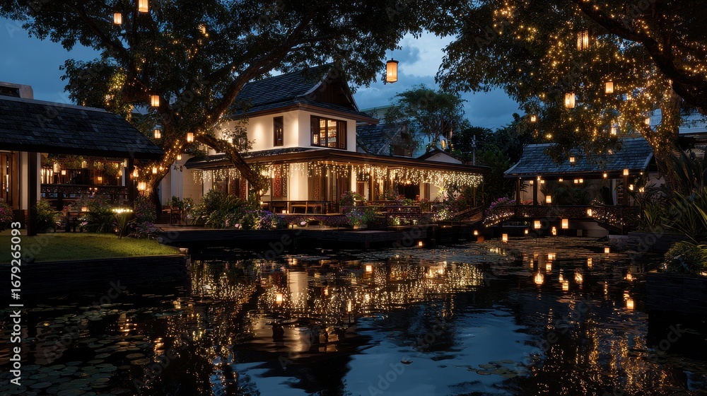 Fototapeta premium Serene Night Scene of Elegant House by Calm Reflective Water