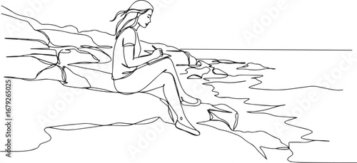 Continuous Line Drawing: Woman Sketching by the Tranquil Seaside