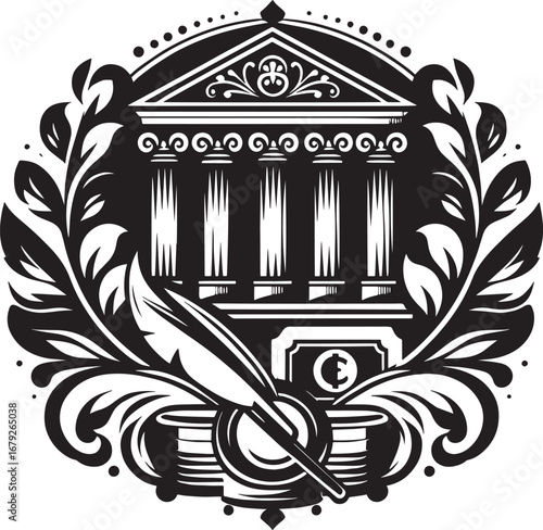 Elegant Black and White Illustration of a Bank Building, Feather, and Laurel Wreath Design