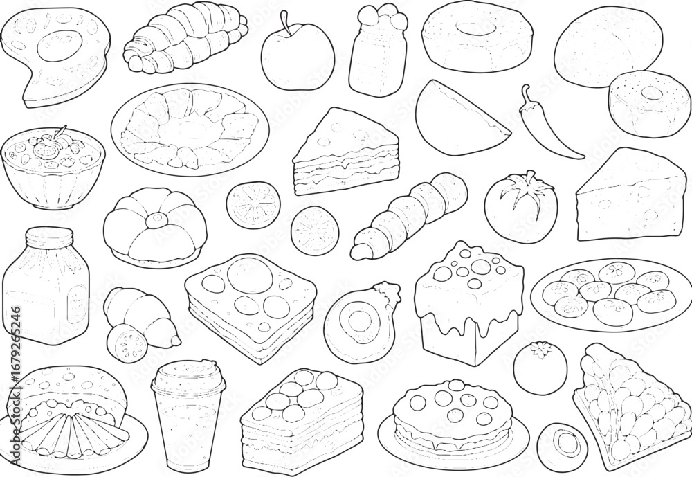 Obraz premium Line art food seamless pattern including cake fruit and bakery p