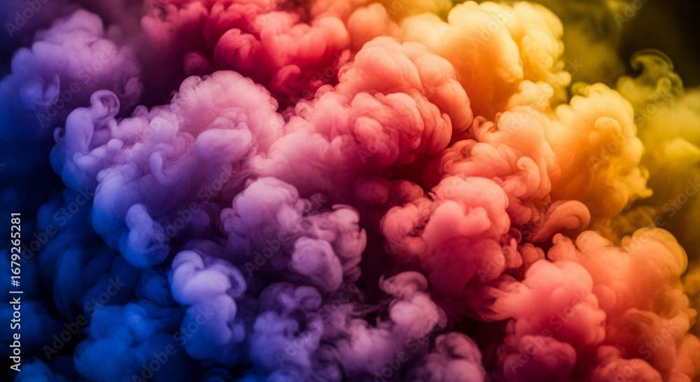 Fototapeta premium Colorful smoke cloud with hues of blue, purple, red, and yellow.