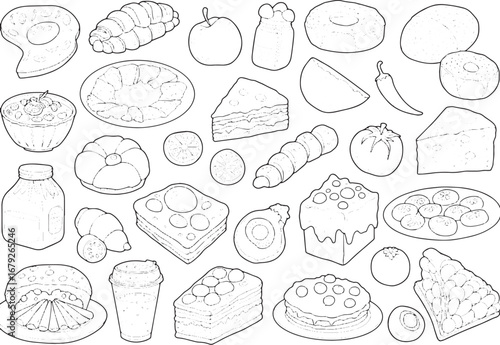 Line art food seamless pattern including cake fruit and bakery p